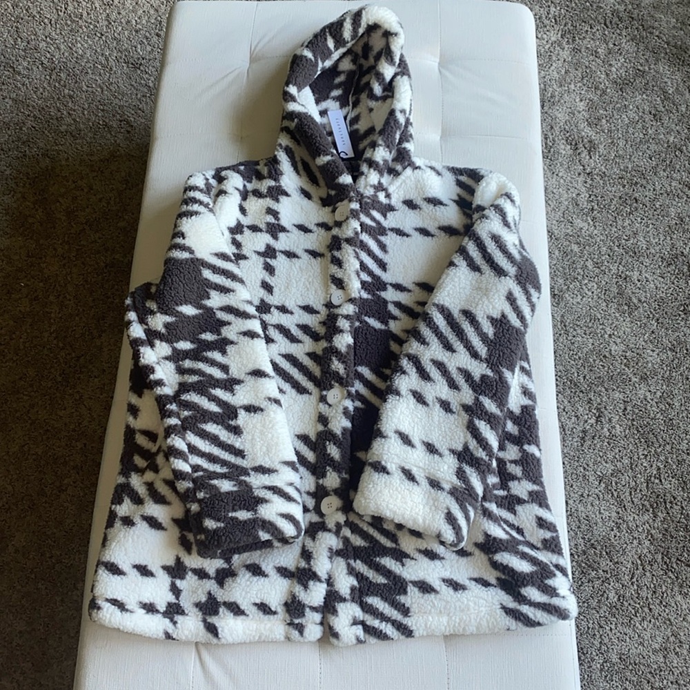 NWT NEW Sanctuary size M medium button up hooded jacket sweatshirt brown /white